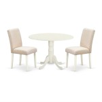 3Pc Round 42" Dining Table, Two 9-Inch Drop Leaves, 2 Parson Chair, Linen White Leg, Light Beige