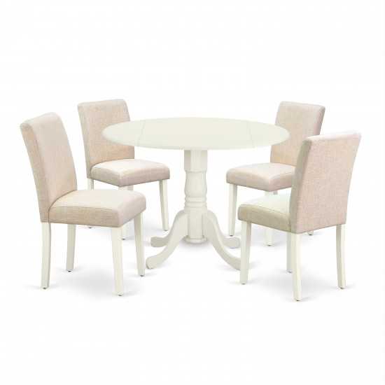 5Pc Round 42" Kitchen Table, Two 9-Inch Drop Leaves, Four Parson Chair, Linen White Leg, Light Beige