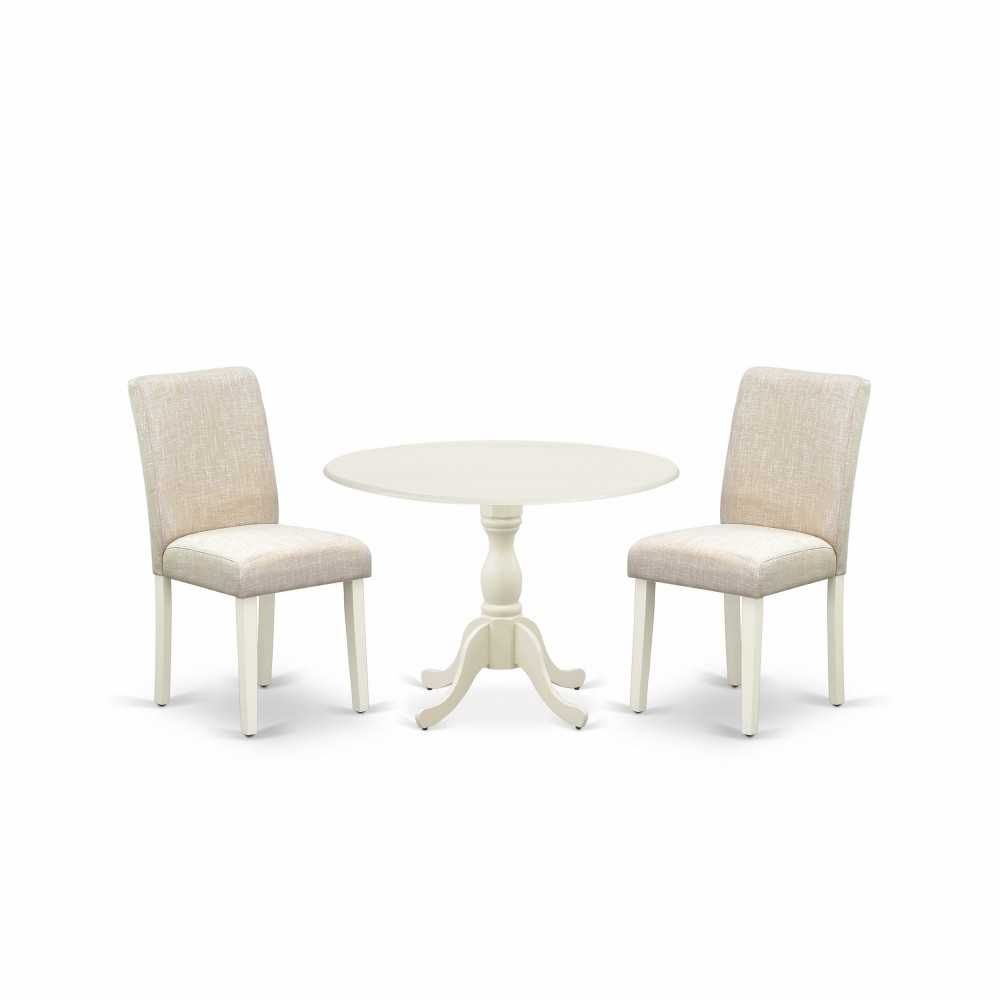 3 Pc Dining Set, 1 Drop Leaves Wood Table, 2 Light Beige Chairs, High Back, Linen White Finish