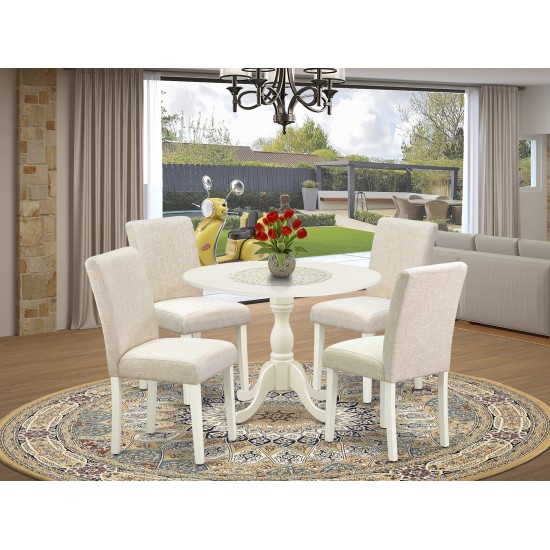 5 Pc Dining Set, 1 Drop Leaves Table, 4 Light Beige Chairs, Linen White