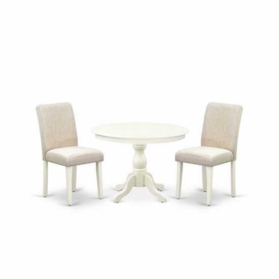 3 Pc Dining Set, Linen White Round Table, 2 Light Beige Comfortable Chairs, High Back, Linen White Finish