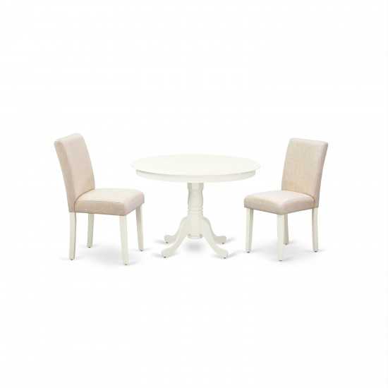 3Pc Round 42" Kitchen Table, 2 Parson Chair, White Leg, Fabric Light Beige