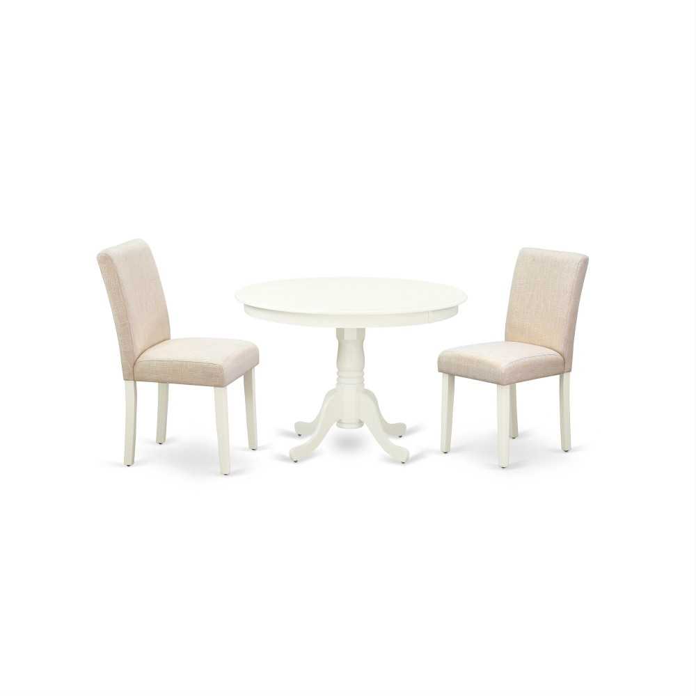 3Pc Round 42" Kitchen Table, 2 Parson Chair, White Leg, Fabric Light Beige