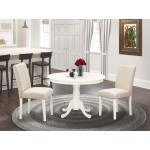 3Pc Round 42" Kitchen Table, 2 Parson Chair, White Leg, Fabric Light Beige