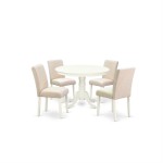 5Pc Round 42" Dinette Table, Four Parson Chair, White Leg, Fabric Light Beige