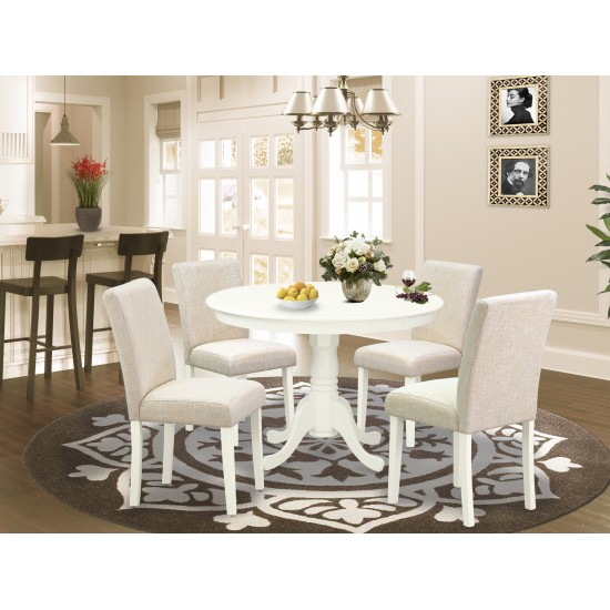 5Pc Round 42" Dinette Table, Four Parson Chair, White Leg, Fabric Light Beige