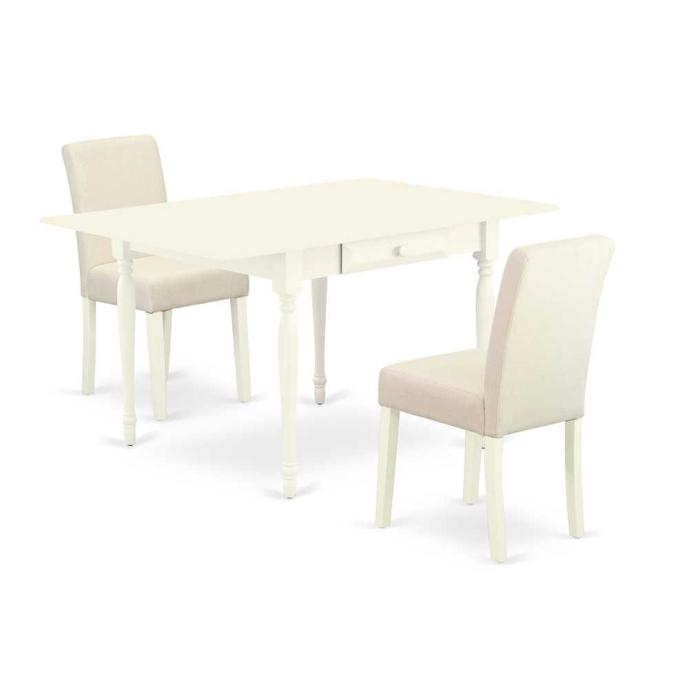 3Pc Dining Set, Wood Table, 2 Upholstered Chairs, Light Beige Color, Drop Leaf Table, Linen White