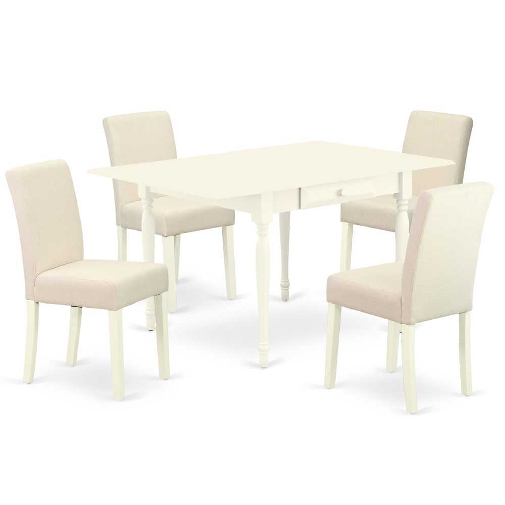 5Pc Kitchen Set, Dining Table, 4 Parson Chairs, Light Beige Color, Drop Leaf Table, Linen White