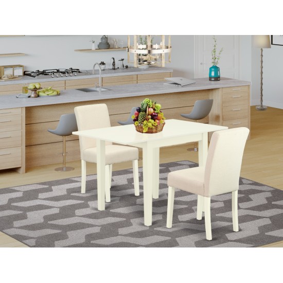 Dining Set 3 Pc, Two Kitchen Chairs, Table, Linen White Finish Wood, Light Beige Color