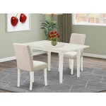 3Pc Dining Set, 2 Kitchen Chairs, Butterfly Leaf Rectangle Table, Linen White