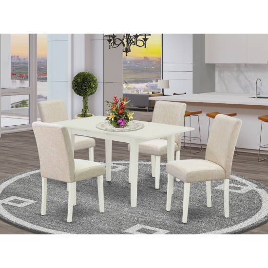 5Pc Kitchen Dining Set, 4 Chairs, Butterfly Leaf Dining Table, Linen White