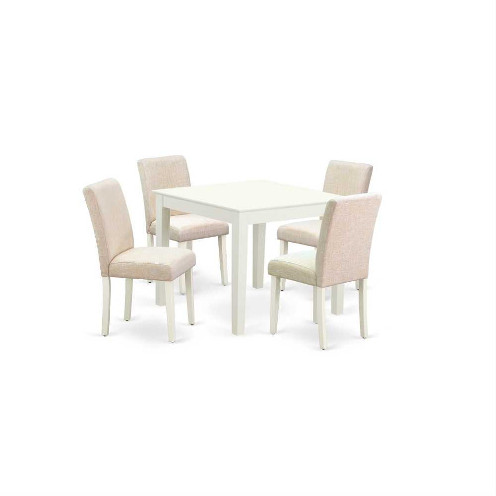 5Pc Square 36" Table And Four Parson Chair, White Leg And Fabric Light Beige