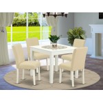 5Pc Square 36" Table And Four Parson Chair, White Leg And Fabric Light Beige