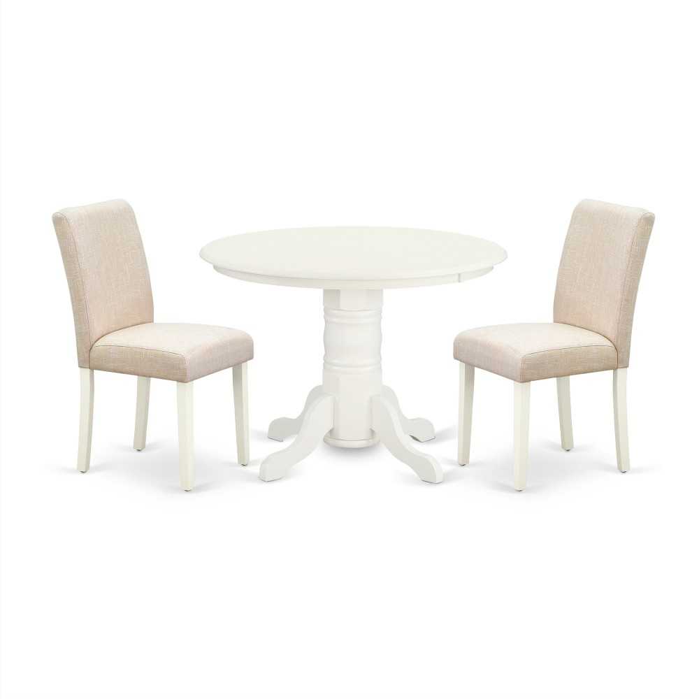 3Pc Round 42" Dining Table, Pair Of Parson Chair, Linen White Leg, Light Beige