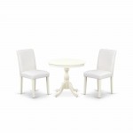 3 Pc Dinette Set, 1 Round Pedestal Dining Table, 2 White Pu Leather Dinning Chairs, High Back, Linen White Finish