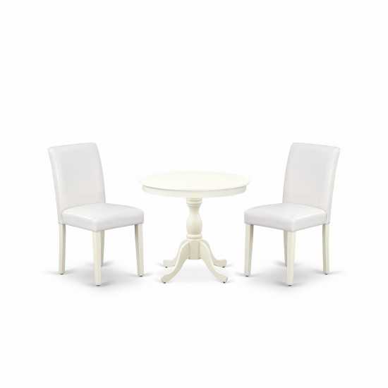 3 Pc Dinette Set, 1 Round Pedestal Dining Table, 2 White Pu Leather Dinning Chairs, High Back, Linen White Finish