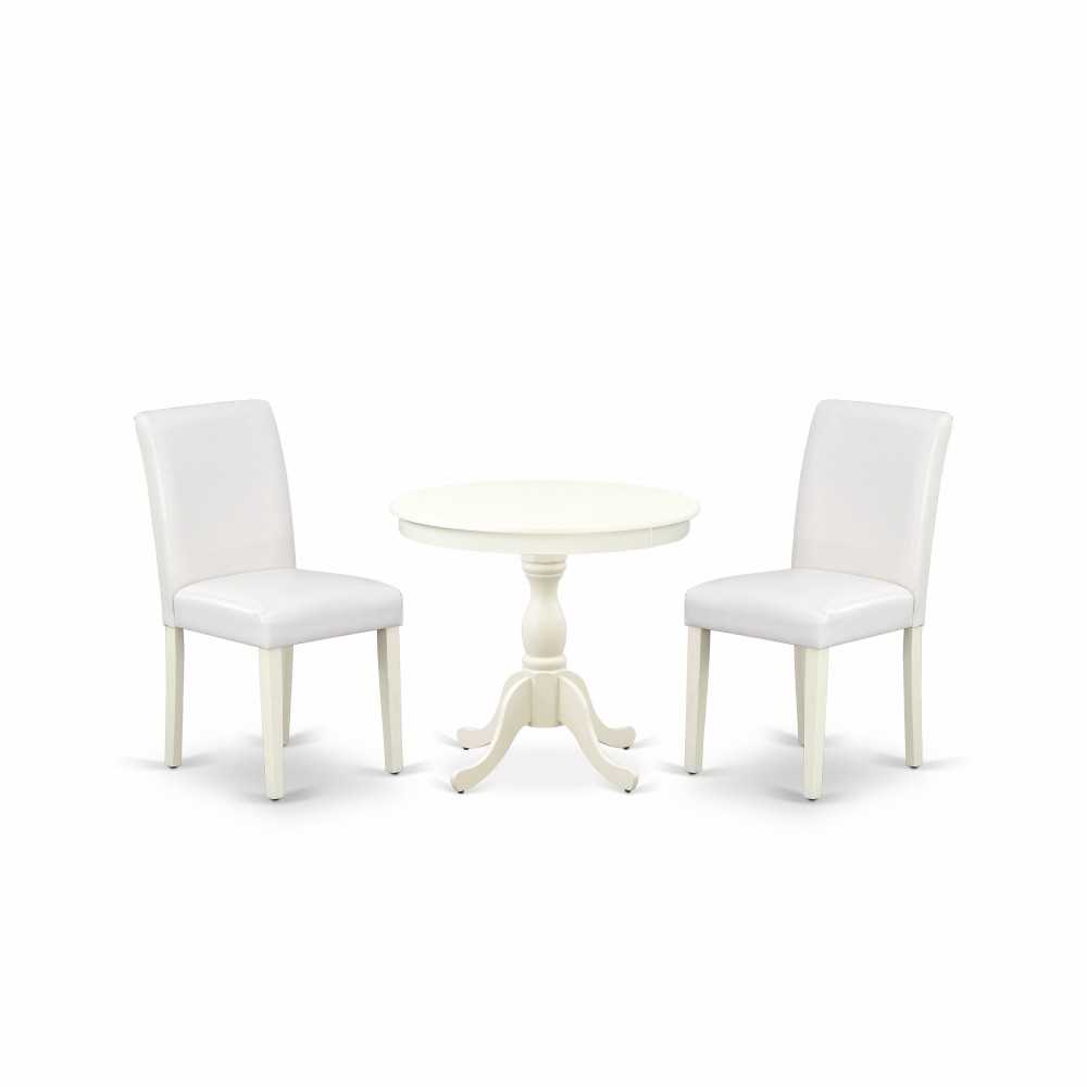 3 Pc Dinette Set, 1 Round Pedestal Dining Table, 2 White Pu Leather Dinning Chairs, High Back, Linen White Finish