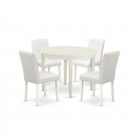 5Pc Round 42" Kitchen Table, Four Parson Chair, White Leg, Pu Leather Color White