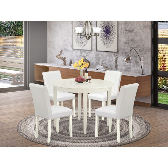 5Pc Round 42" Kitchen Table, Four Parson Chair, White Leg, Pu Leather Color White