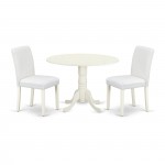 3Pc Round 42" Dining Table, Two 9-Inch Drop Leaves, 2 Parson Chair, Linen White Leg, Pu Leather Color White