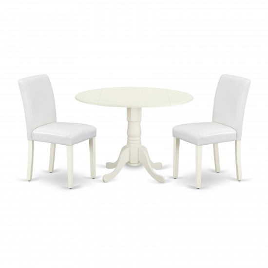 3Pc Round 42" Dining Table, Two 9-Inch Drop Leaves, 2 Parson Chair, Linen White Leg, Pu Leather Color White