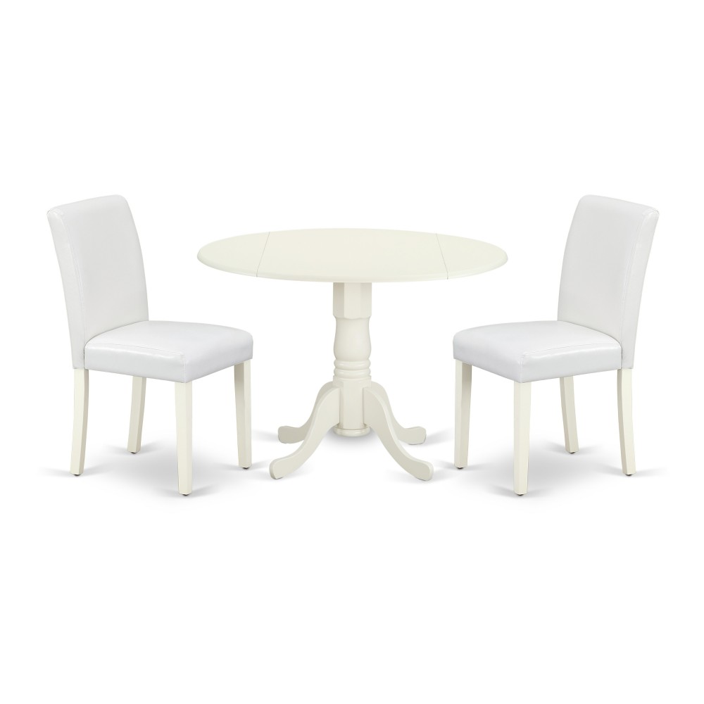 3Pc Round 42" Dining Table, Two 9-Inch Drop Leaves, 2 Parson Chair, Linen White Leg, Pu Leather Color White