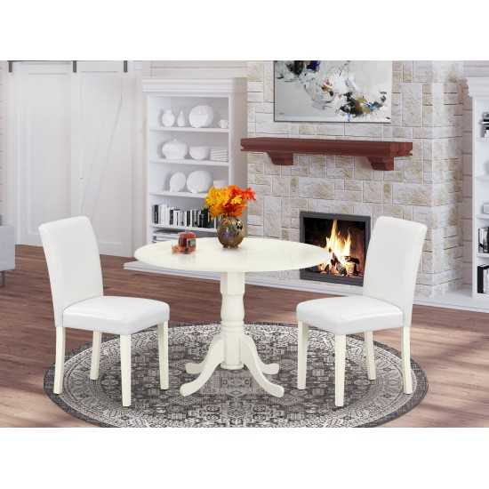 3Pc Round 42" Dining Table, Two 9-Inch Drop Leaves, 2 Parson Chair, Linen White Leg, Pu Leather Color White