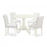 5Pc Round 42" Kitchen Table, Two 9-Inch Drop Leaves, Four Parson Chair, Linen White Leg, Pu Leather Color White