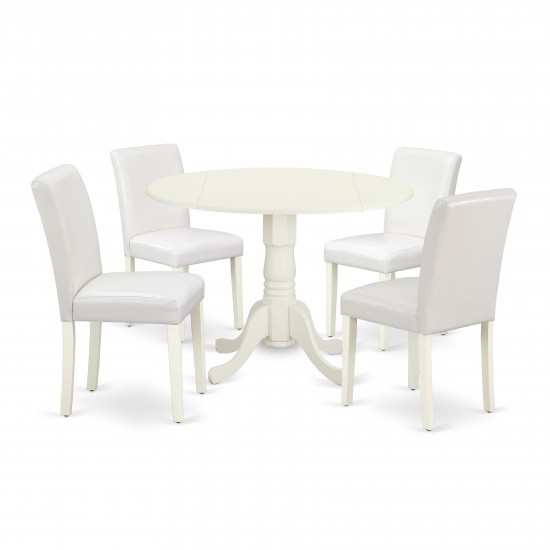 5Pc Round 42" Kitchen Table, Two 9-Inch Drop Leaves, Four Parson Chair, Linen White Leg, Pu Leather Color White