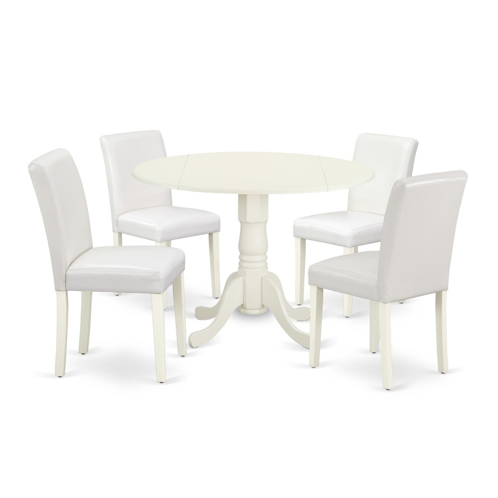 5Pc Round 42" Kitchen Table, Two 9-Inch Drop Leaves, Four Parson Chair, Linen White Leg, Pu Leather Color White