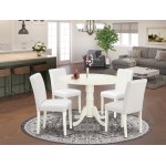 5Pc Round 42" Kitchen Table, Two 9-Inch Drop Leaves, Four Parson Chair, Linen White Leg, Pu Leather Color White