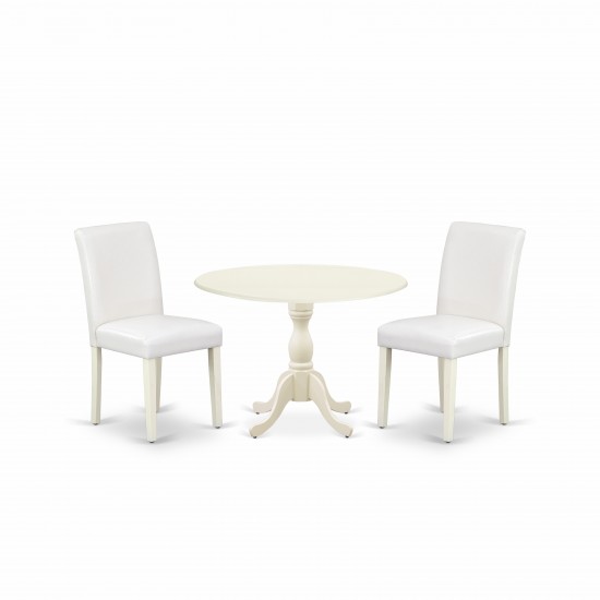 3 Pc Dining Set, 1 Drop Leaves Table, 2 White Pu Leather Upholstered Chairs, High Back, Linen White Finish