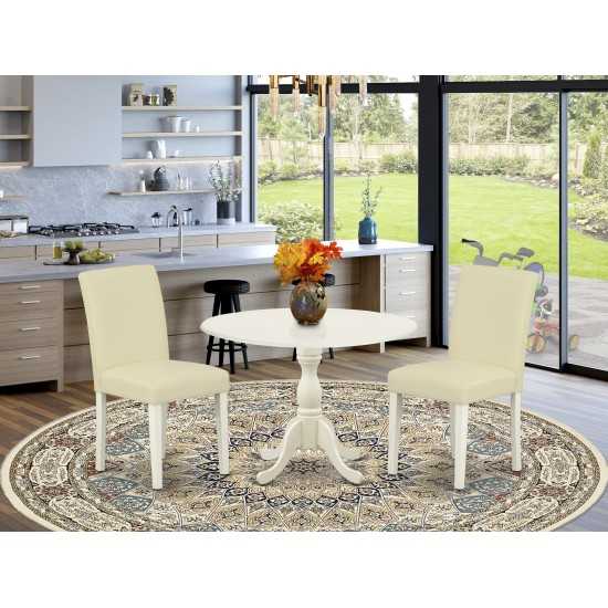 3 Pc Dining Set, 1 Drop Leaves Table, 2 White Pu Leather Upholstered Chairs, High Back, Linen White Finish