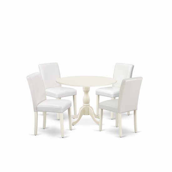 5 Pc Dinning Set, 1 Drop Leaves Table, 4 White Pu Leather Chair, Linen White