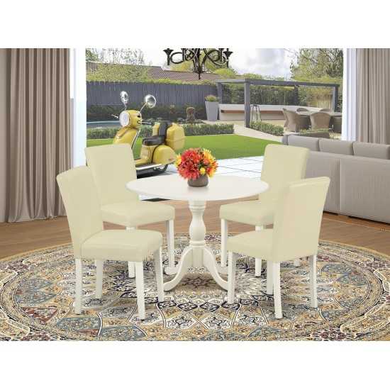 5 Pc Dinning Set, 1 Drop Leaves Table, 4 White Pu Leather Chair, Linen White