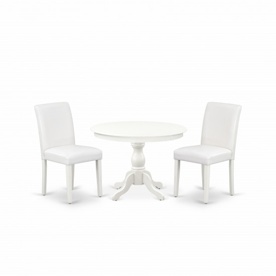 3 Pc Dining Set, Linen White Table, 2 White Faux Leather Chairs, High Back