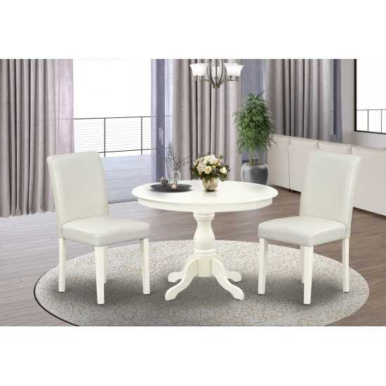 3 Pc Dining Set, Linen White Table, 2 White Faux Leather Chairs, High Back