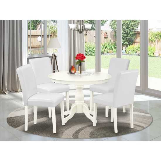 5 Pc Dining Set, Linen White Small Table, 4 White Faux Leather Chairs, High Back, Linen White Finish