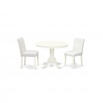 3Pc Round 42" Kitchen Table, 2 Parson Chair, White Leg, Pu Leather Color White