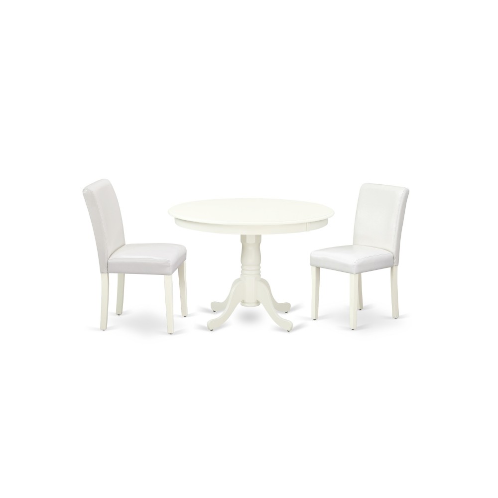 3Pc Round 42" Kitchen Table, 2 Parson Chair, White Leg, Pu Leather Color White