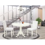 3Pc Round 42" Kitchen Table, 2 Parson Chair, White Leg, Pu Leather Color White