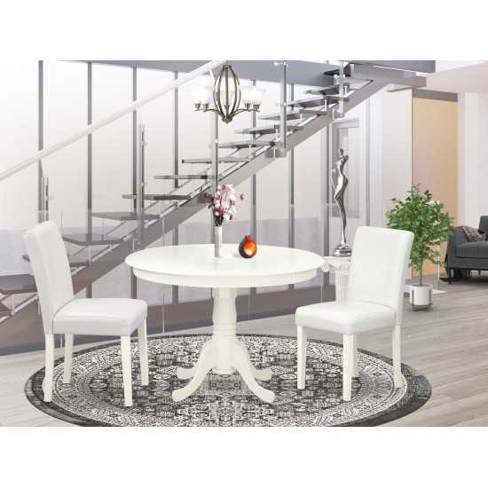 3Pc Round 42" Kitchen Table, 2 Parson Chair, White Leg, Pu Leather Color White