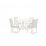 5Pc Round 42" Dinette Table, Four Parson Chair, White Leg, Pu Leather Color White