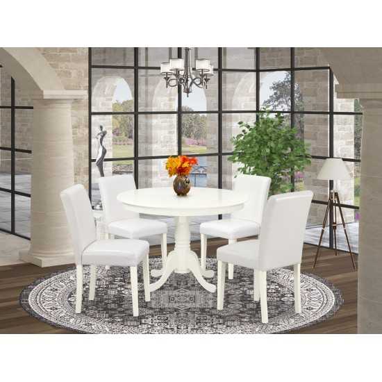 5Pc Round 42" Dinette Table, Four Parson Chair, White Leg, Pu Leather Color White