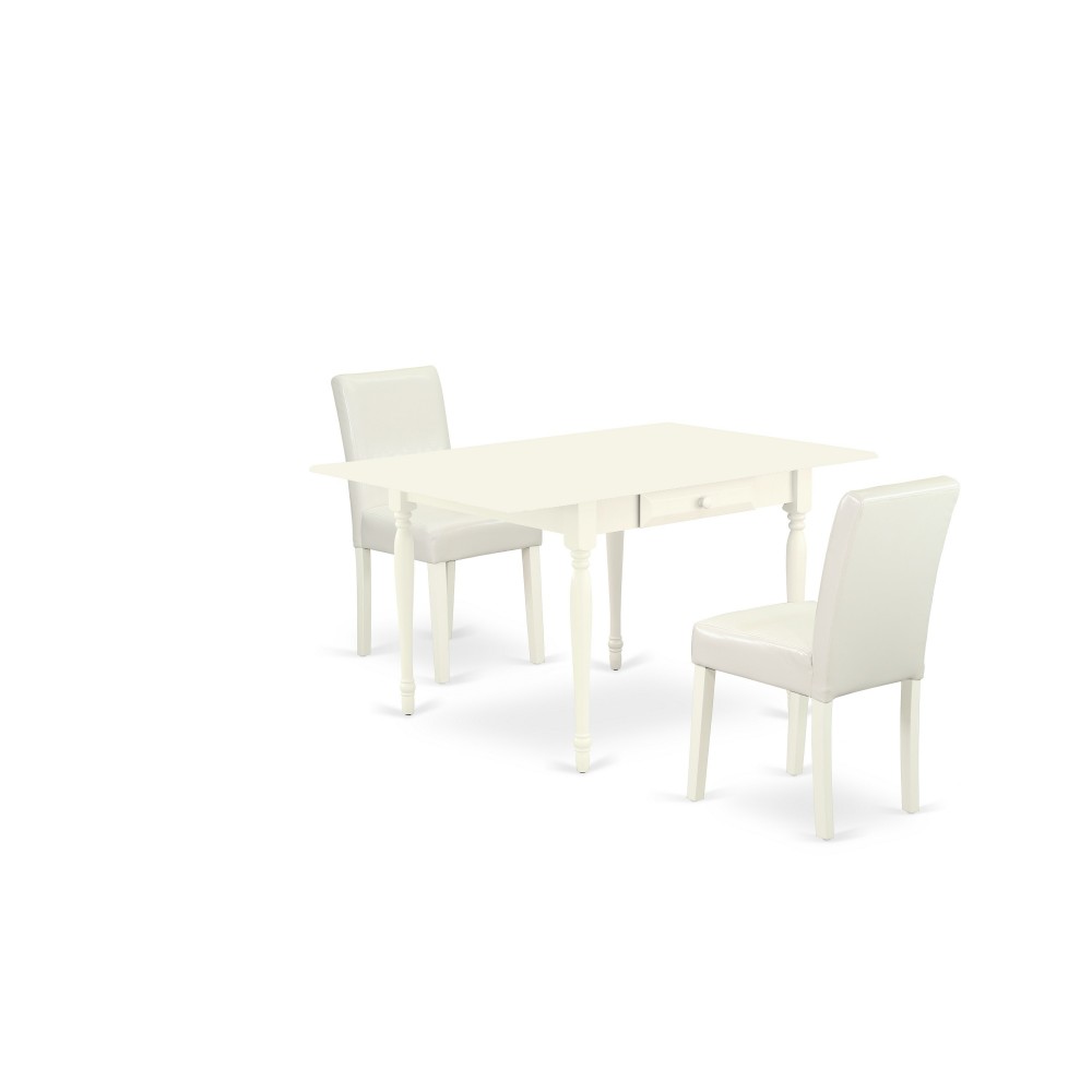 3Pc Dining Set For 2, Table, 2 Chairs, White Color Pu Leather, Drop Leaf Table, Linen White