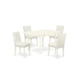 5Pc Wood Dining Set, Table, 4 Chairs, White Color Pu Leather, Drop Leaf Table, Linen White