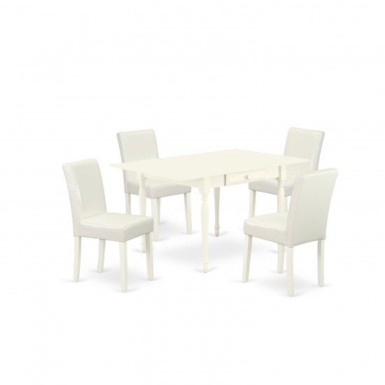 5Pc Wood Dining Set, Table, 4 Chairs, White Color Pu Leather, Drop Leaf Table, Linen White