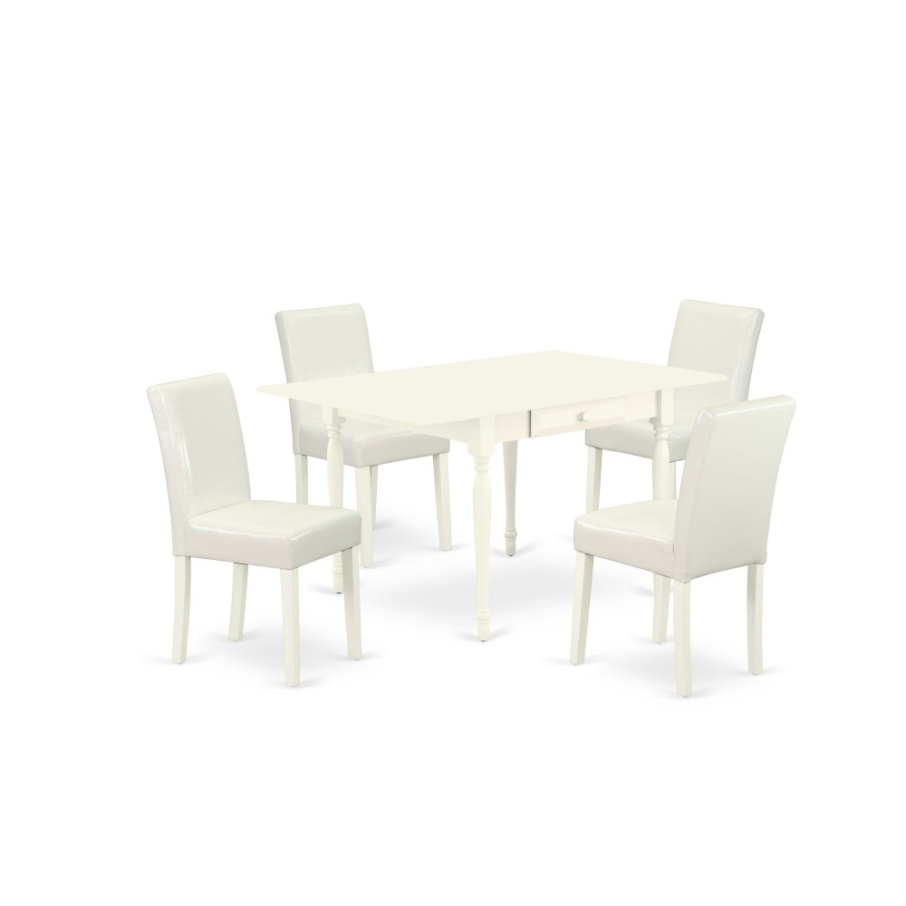 5Pc Wood Dining Set, Table, 4 Chairs, White Color Pu Leather, Drop Leaf Table, Linen White