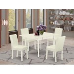 5Pc Wood Dining Set, Table, 4 Chairs, White Color Pu Leather, Drop Leaf Table, Linen White