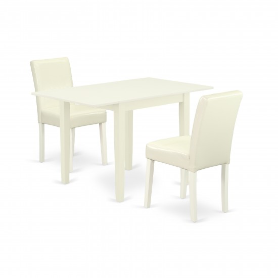 Dining Set 3 Pc, 2 Chairs, Table, Linen White Finish Hardwood, White Color Pu Leather